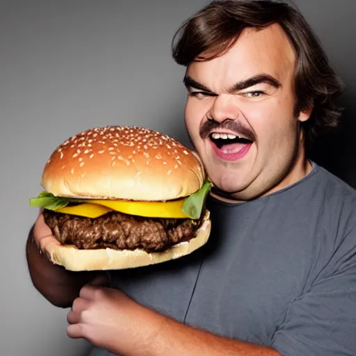 Image similar to Jack Black holding a hamburger, studio, split lighting, funny