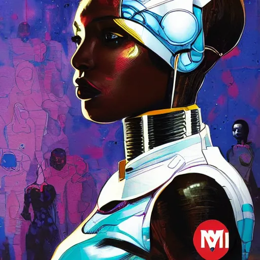 Image similar to portrait of a african female android, by MARVEL comics and Sandra Chevrier
