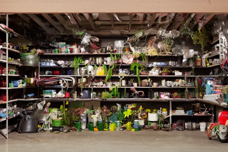 Image similar to garage with carnivorous plants on the shelves and packing peanuts on the floor, scene from tv show hyper detailed 5 5 mm 8 5 mm, low - light photography by tyler mitchell, made out of plastic