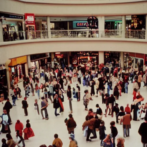 Prompt: A photograph of people in a mall, circa 1993