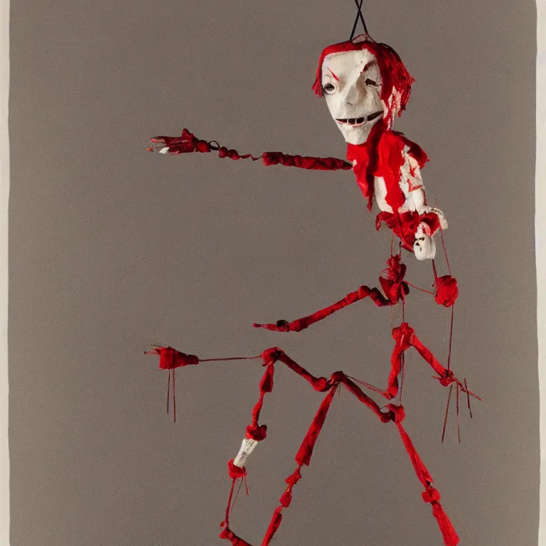 Prompt: a marionette puppet hanging limp with blood running from his eyes, by rutkowski, highly detailed, stark light and shadows