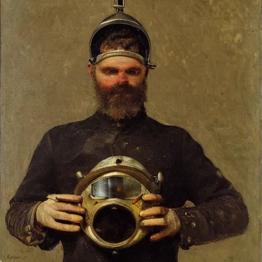 Image similar to portrait of a diver with an antique diving helmet by alfred stevens