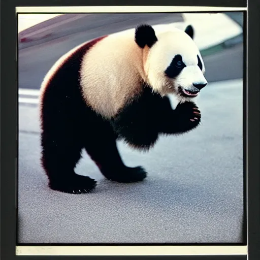 Image similar to high quality professional dslr photograph of a panda skateboarding in california. super resolution. surreal. extremely detailed. polaroid 6 0 0 film. by annie leibovitz and richard avedon