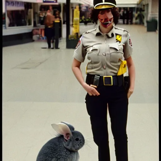 Image similar to tall and fit female anthropomorphic chinchilla mall security guard, cinematic still, daylight, 1980s, hyperrealistic