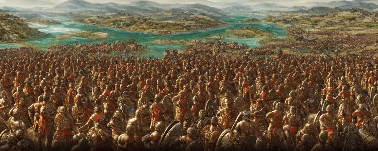 Prompt: Wide shot of epic distant battle of Cannae 216 BCE, with republic-era Roman soldiers in formations, Carthaginian phalanxes in formations, overlooking river Aufidius Italy, intricate, elegant, highly detailed, trending on Artstation, cgsociety