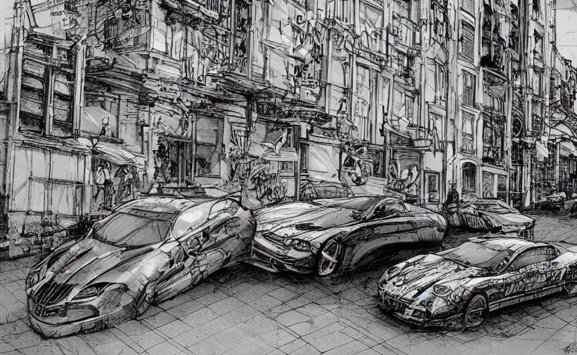 Prompt: action shots of two cars in a high speed car chase through a narrow streets with buildings either side of the road illustrated by jung gi kim, katsuya terada, jean - david morvan. extremely detailed illustration, action shots, striking perspective