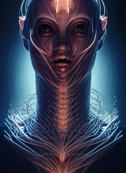 Prompt: symmetry!! portrait of grotesque alien, sci - fi horror, glowing lights!!, intricate, elegant, dark design, highly detailed, dark lighting, digital art, digital painting, artstation, smooth, sharp focus, illustration, art by artgerm and h r giger and greg rutkowski and alphonse mucha, 8 k