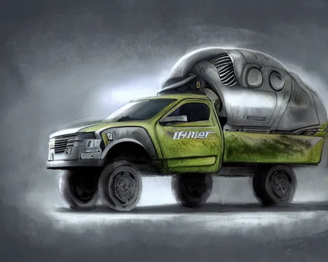 Image similar to futuristic truck design, concept art, award winning photorealistic illustration in the style of jurrasic park