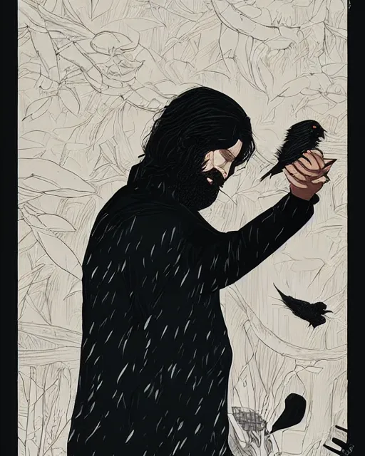 Image similar to portrait of an unkle moon with long black hair and beard and his imaginary bird friend dudek, fine portrait, beautiful, realistic, magical, by tomer hanuka