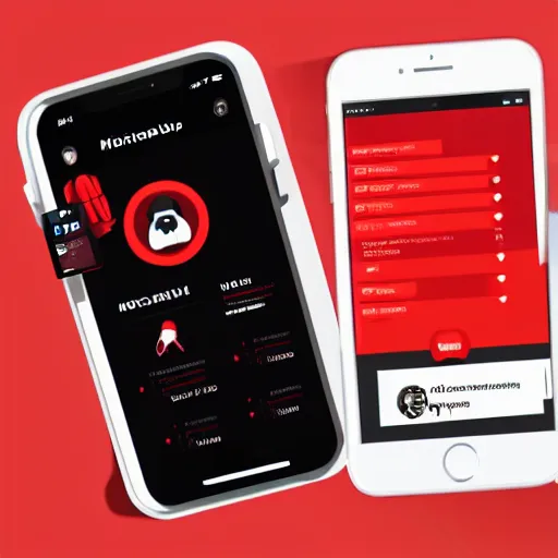 Prompt: a full ux layout of a mechanical dog dashboard and marketplace mobile app for ios with a black and red theme.