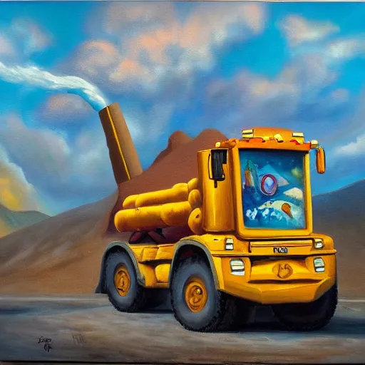 Image similar to an oil painting of a giant tonka truck, surrealism