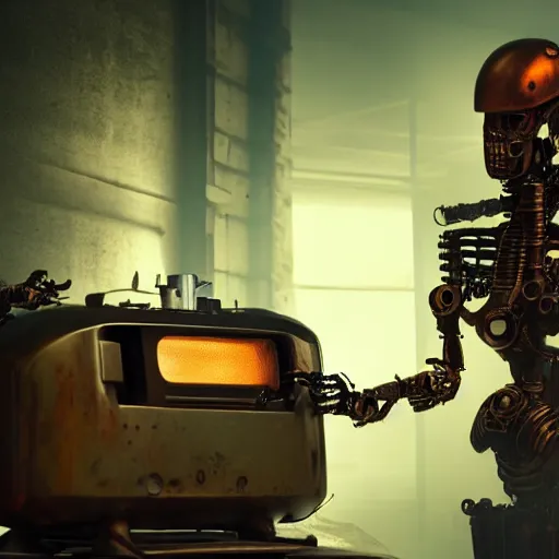 Image similar to a rusting female android holds a broken toaster in her arms, steampunk, android with gears and springs falling out, highly detailed robotic anatomy, high resolution film still, movie by Denis Villeneuve