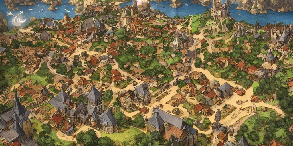 Prompt: medieval village overview in moving out game on nintendo switch. artwork by artgerm and mucha and norman lindsay