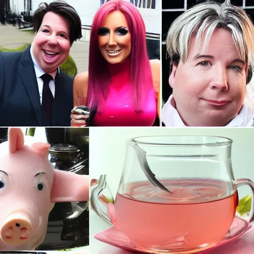 Prompt: jodie marsh & Michael mcintyre & pepper pig tea at the ritz