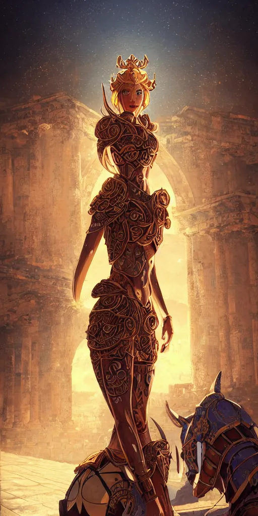 Image similar to portrait knights of zodiac girl, golden and copper shining armor, in ruined agora of athens sunrise, ssci - fi and fantasy, intricate and very very beautiful and elegant, highly detailed, digital painting, artstation, concept art, smooth and sharp focus, illustration, art by ilya kuvshinov and tian zi and wlop and z - - ed