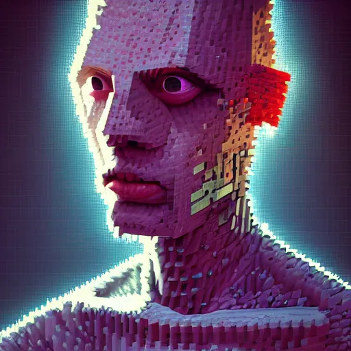 Image similar to Colour Caravaggio and Minecraft style Photography of Highly detailed Man with 1000 years old perfect face with reflecting glowing skin wearing highly detailed sci-fi VR headset designed by Josan Gonzalez. Many details . In style of Josan Gonzalez and Mike Winkelmann and andgreg rutkowski and alphonse muchaand and Caspar David Friedrich and Stephen Hickman and James Gurney and Hiromasa Ogura. Rendered in Blender and Octane Render volumetric natural light