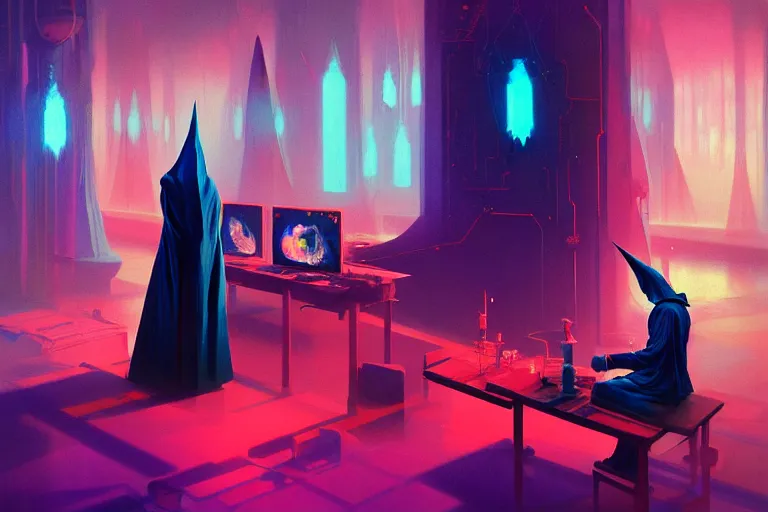 Image similar to a beautiful masterpiece painting of a technomancer wizard in robes with pointed hood discussing sentience with his synthesized AI djinn in his laboratory near a computer by Remedios Varo and Anato Finnstark and Greg Rutkowski, dayglo pink, dayglo blue, dazzle camouflage, 8k, trending on ArtStation