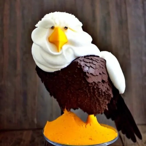 Prompt: A bald eagle made of chocolate powder, mango, and whipped cream.