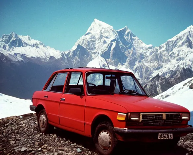 Prompt: a lomographic photo of old lada 2 1 0 7 standing on top of the mount everest, cinestill, bokeh