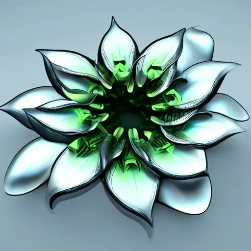 Prompt: a futuristic, cybertronic lily flower, metallic, reflective, unreal engine