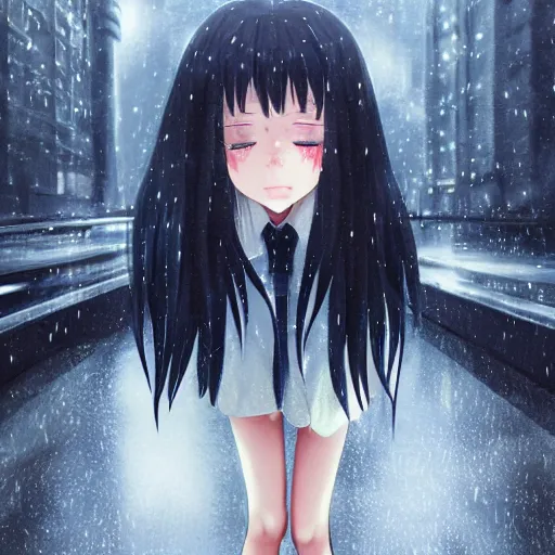 anime girl crying with tears on all of her face, rainy | Stable Diffusion