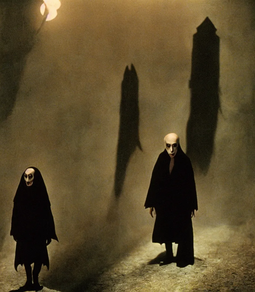 Prompt: high quality high definition colorized movie still from Nosferatu: a lonely ghost walking alone at night in the woods, high quality silent movie, iridescent color palette