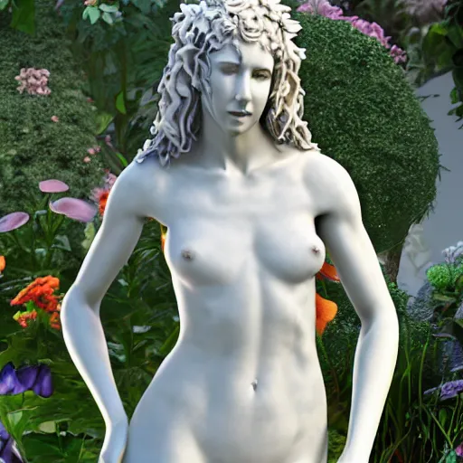 Image similar to an idealistic marble statue with flowery hair in a fractal garden, unreal engine, 8k render, beautiful, full frame,