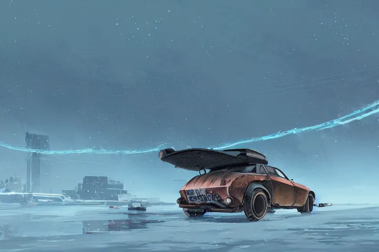 Image similar to dieselpunk digital illustration of a jet - powered yugo hatchback speeding across a frozen lake in a blizzard by makoto shinkai, ilya kuvshinov, lois van baarle, rossdraws, basquiat