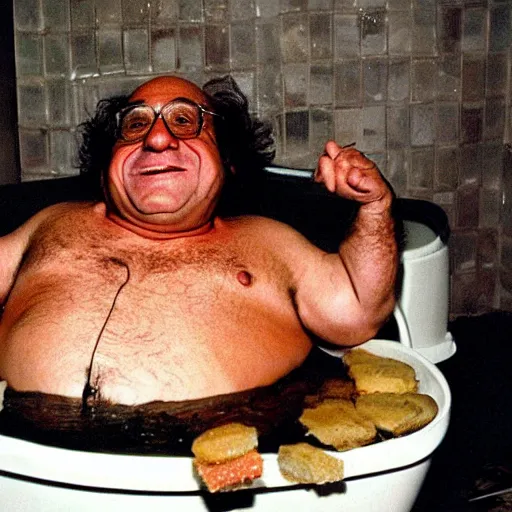 Prompt: Danny Devito in a bathtub filled with hamburgers circa 1999