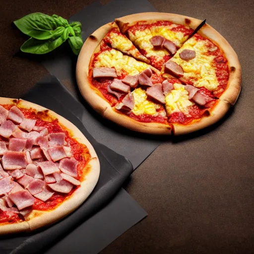 Prompt: pizza with ham pineapple and chesse profesional commercial photo shot 4 k