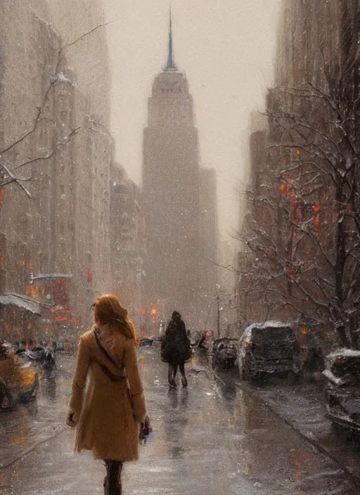 Image similar to back of emma stone in beige coat, walking into new york apartment building in winter, zoomed out, artwork by gaston bussiere, craig mullins, trending on artstation