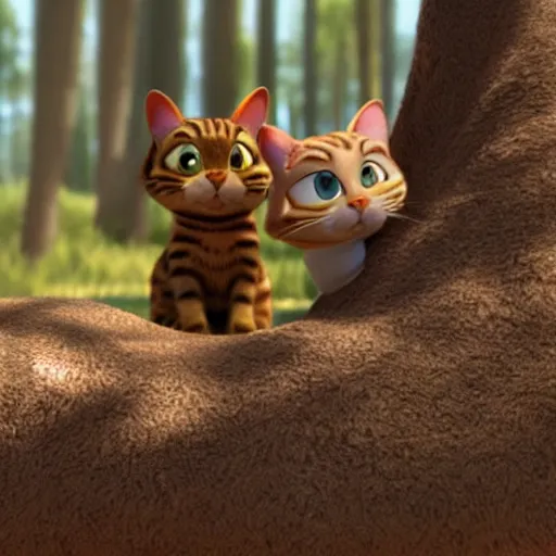 Image similar to pixar movie, brown tabby cat, 3 d, pixar _ tabby _ cat in a forest