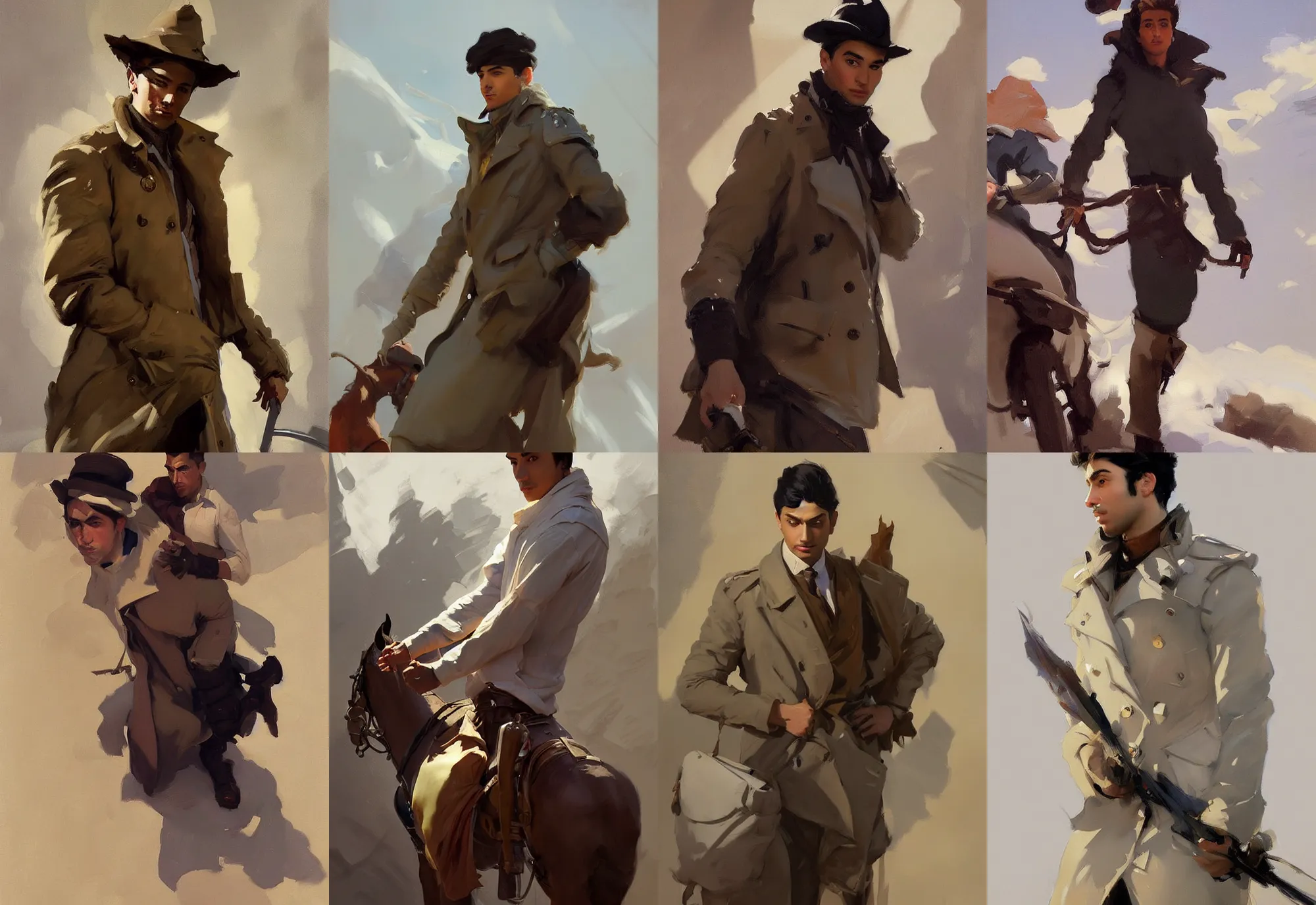 Image similar to portrait of russian iranian asian african model men jodhpurs winter traveler greg manchess painting by sargent and leyendecker, studio ghibli, fantasy, medium shot, asymmetrical, intricate, elegant, matte painting, illustration, hearthstone, by greg rutkowski, by greg tocchini, by james gilleard, by joe fenton