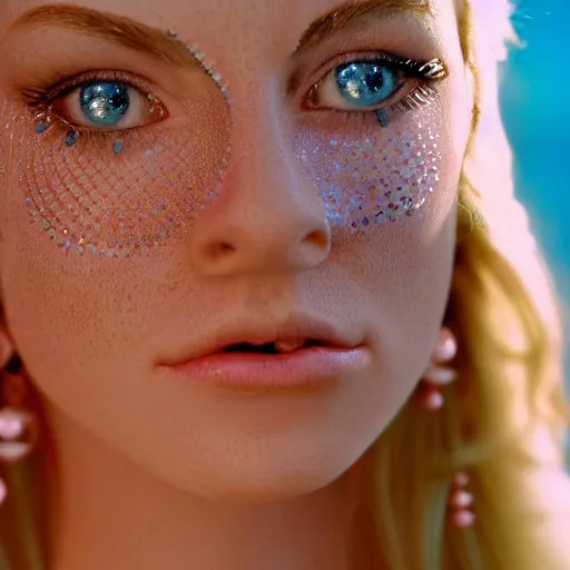 Image similar to close up headshot of a princess with long blonde hair and light blue eyes wearing a strapless elaborately beaded pink dress, high resolution film still, 8k, HDR color, film by Simon Langton and David Frankel, triangular face, slight freckles, round narrow chin, straight jawline, natural pink lips, cheekbones