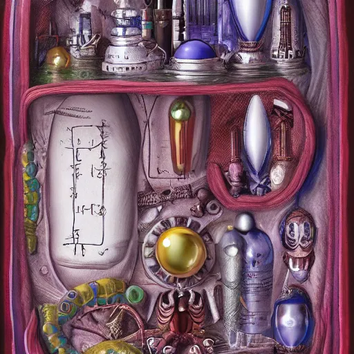 Image similar to Another dimension universe inside ampoules and alambics in a surreal ancient doctor's bag, intricated detailed, soft painting depth of field, trending on artstation