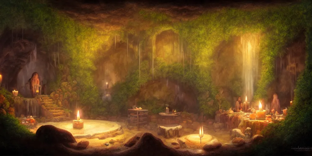 Image similar to detailed interior of cozy hotsprings hidden inside a cave, small waterfalls, lush vegetation, flowers, towels, plates of fruit, candlelight, digital painting, concept art, light shafts, stunning atmosphere, by gerald brom, cinematic lighting