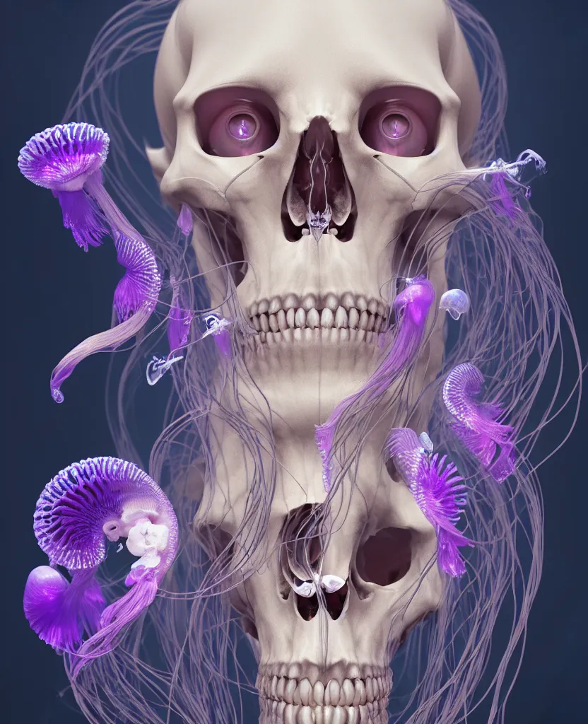 Image similar to goddess close-up portrait human skeleton, ram skull, jellyfish, orchid, betta fish, bioluminiscent, intricate artwork by Tooth Wu and wlop and beeple. octane render, trending on artstation, greg rutkowski very coherent symmetrical artwork. cinematic, hyper realism, high detail, octane render, 8k