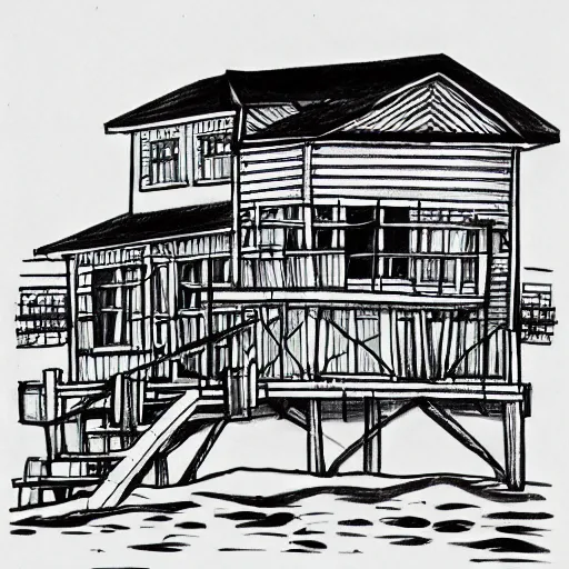 Image similar to imaginative drawing of a beach house, black ink outline, cel - shading, water color