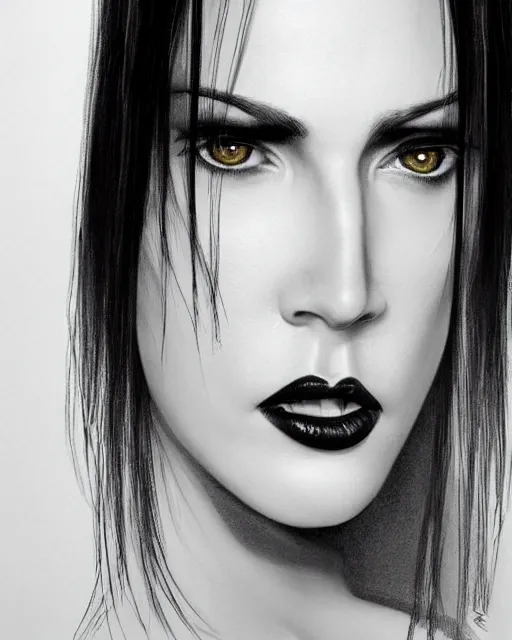 Image similar to portrait of a tall 4 0 - year - old woman with thin lips, heavy - lidded eyes, a strong jaw and long, thick shining black hair, thick eyebrows and long eyelashes, wearing in black clothes, hyper realistic face, beautiful eyes, character art, art by mark brooks, hyperdetailed, cryengine, trending on artstation, digital art