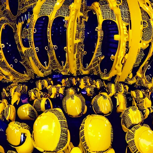 Image similar to love, diverse yellow cybersuits, from behind, connection rituals, wide wide angle, vivid, elaborate, highly detailed, beautiful lighting