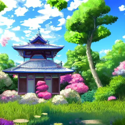 Image similar to a house with a beautiful garden and a blue sky with clouds in anime style, in the style of Lampbo Chun on ArtStation and Son Rice on ArtStation, 4k,