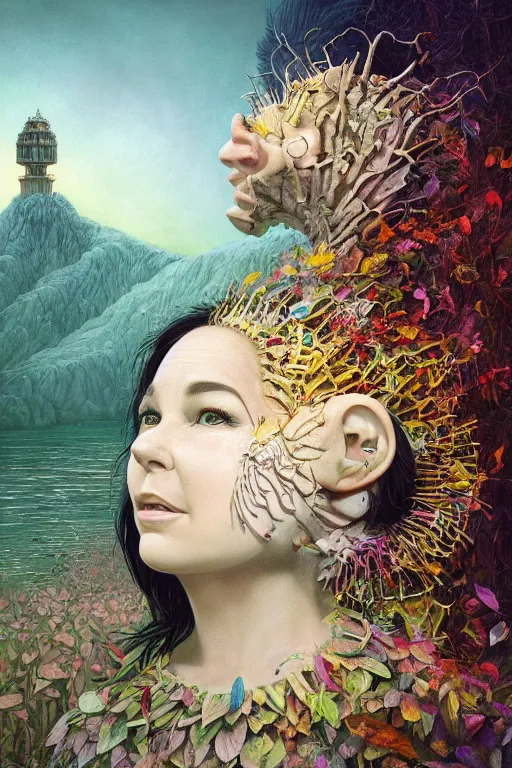 Image similar to beautiful bjork portrait by hubert robert and lee madgwick and roger dean and jacek yerka, dan mumford and alex grey style, soft lighting, 4 k hd wallpaper illustration concept joy atmospheric lighting