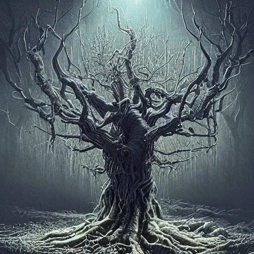 Image similar to Photorealistic demonic eldritch tree in the style of Michael Whelan and Gustave Dore. Hyperdetailed photorealism, 108 megapixels, amazing depth, glowing rich colors, powerful imagery, psychedelic Overtones, 3D finalrender, 3d shading, cinematic lighting, artstation concept art