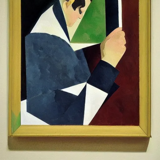 Image similar to A painting of a man holding a phone, collage, painting by Sonia Delaunay, by Paul Cézanne dull