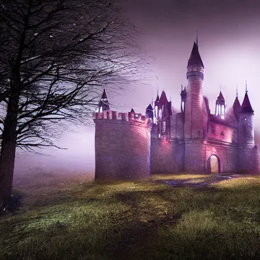 Image similar to abandoned castle, ultra realistic, 8 k, purple fog, dark, ultra detailed, highly detailed, fantastically detailed, professional photography, night time, cinematic