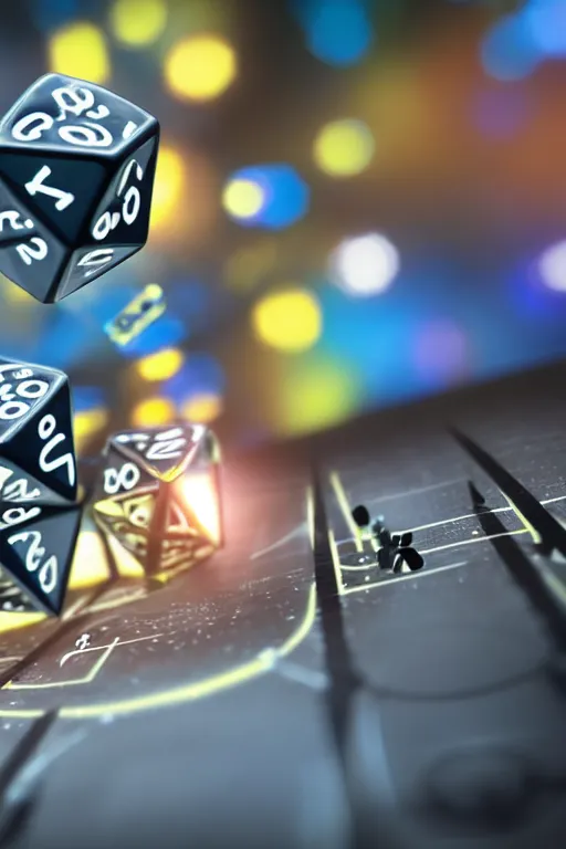 Image similar to closeup, of one futuristic sci-fi Twenty sided dice, in the background players at a table that are in still high tech suites, bokeh, sharp focus, intricate concept art, highly detailed, 8k, cinematic, sharp focus