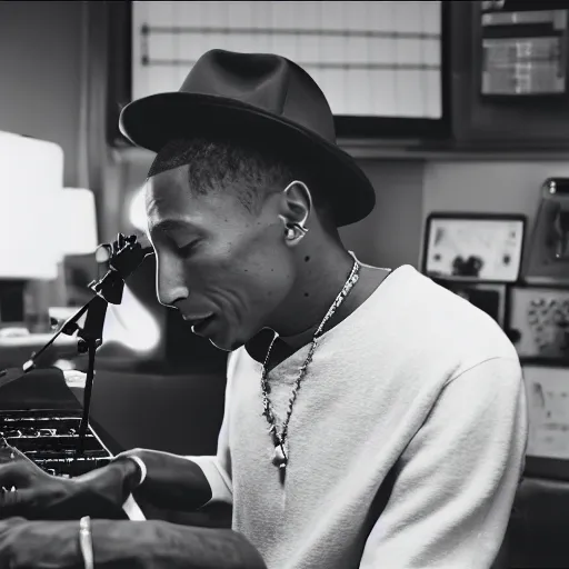 Image similar to cinematic film still of Pharrell Williams Making A Beat with an anthropomorphic alien, Japanese VFX, 2018, 400mm lens, f1.8, shallow depth of field,film photography