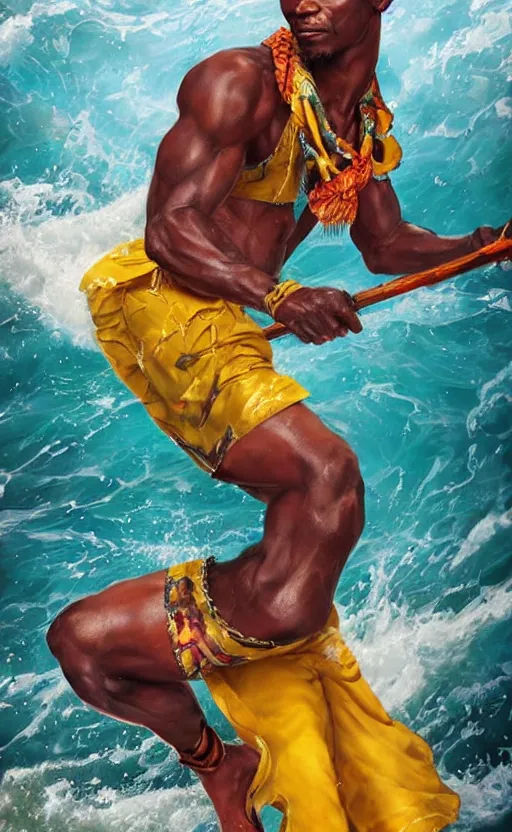 Image similar to Jamaican fisherman wearing calico cloth and posing in a battle stance in the Jamaican sea, style by Ross Tran and Artgerm and Peter Mohrbacher