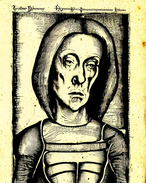 Image similar to etching of dana scully from the nuremberg chronicle, 1 4 9 3, sharp scan, restored