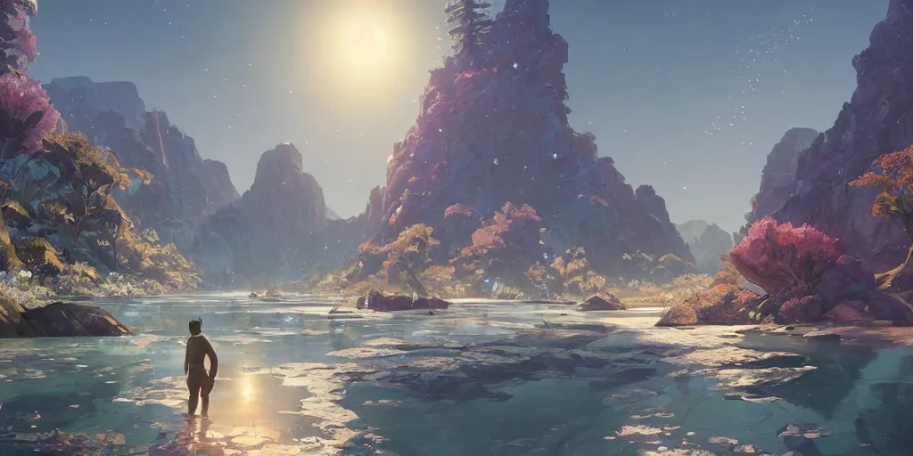 Prompt: a gleaming crystal archipelago in gta v, dry, salty, stephen bliss, unreal engine, illustration, fantasy art by greg rutkowski, loish, rhads, ferdinand knab, makoto shinkai and lois van baarle, ilya kuvshinov, rossdraws, tom bagshaw, global illumination, radiant light, detailed and intricate environment